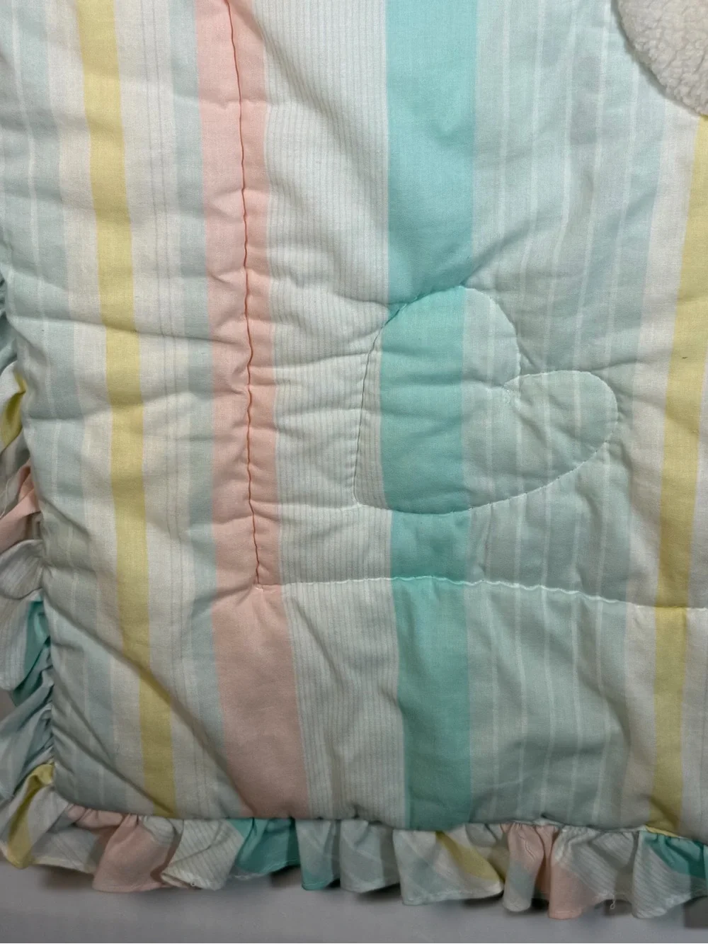 Vtg Lambs & Ivy Baby Blanket Quilt Pastel Stripes Plush Puppy Dog Ruffle Border